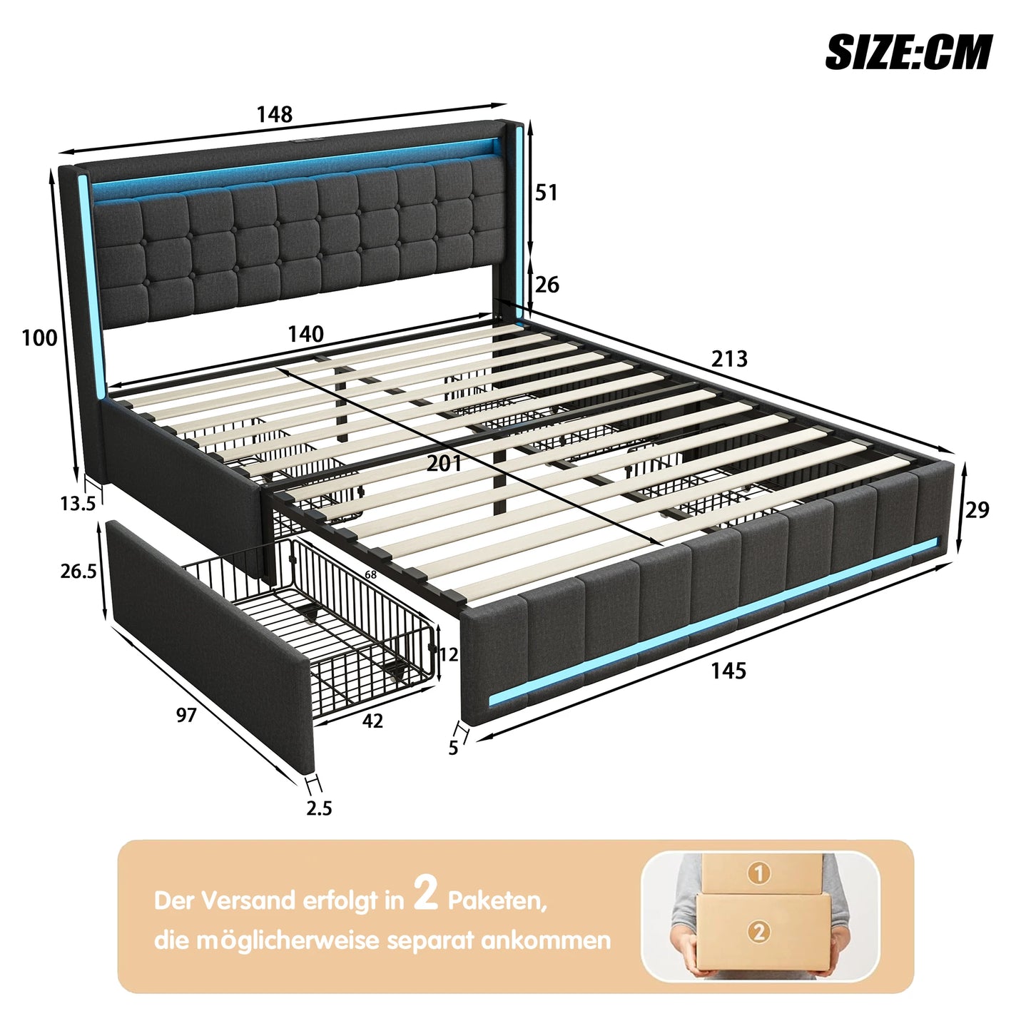 Bed 140x200cm with 4 drawers. Gray linseed fabric frame. LED RGB (APP/Remote Control) on head and foot of the bed. U charging Station