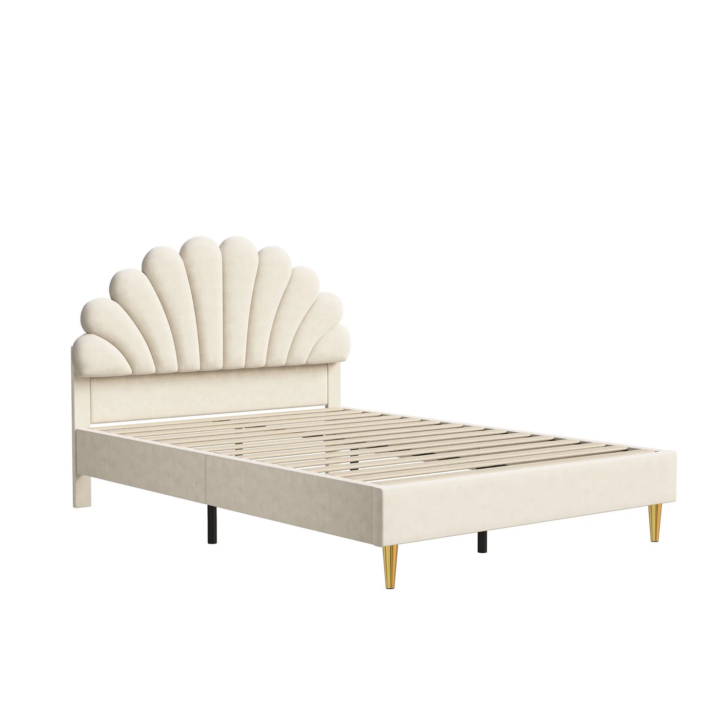 Anajqaqia Upholstered Double Bed, Bed Frame with Flower-Shaped Headboard, Velvet Fabric, Beige,140x200cm