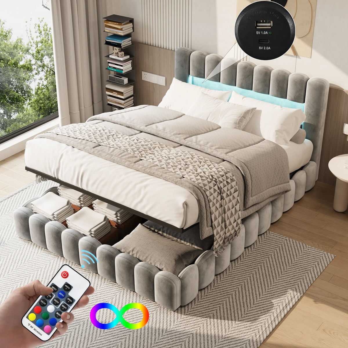 Upholstered bed, Embedded mattress, double bed with soft back, headboard with LED and USB port, without mattress