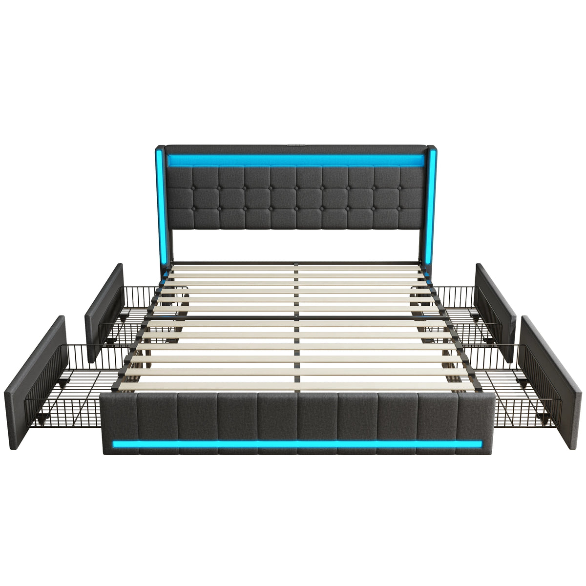 Bed 140x200cm with 4 drawers. Gray linseed fabric frame. LED RGB (APP/Remote Control) on head and foot of the bed. U charging Station