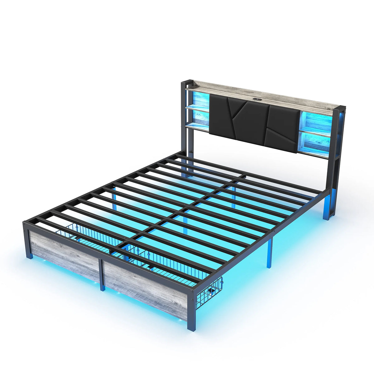 Polsterbett mit LED, App & Fernbedienung, USB Steckdose am Kopfteil, 2 Schubladen, PU Polster, Metall Holz Bett, StauraumBett