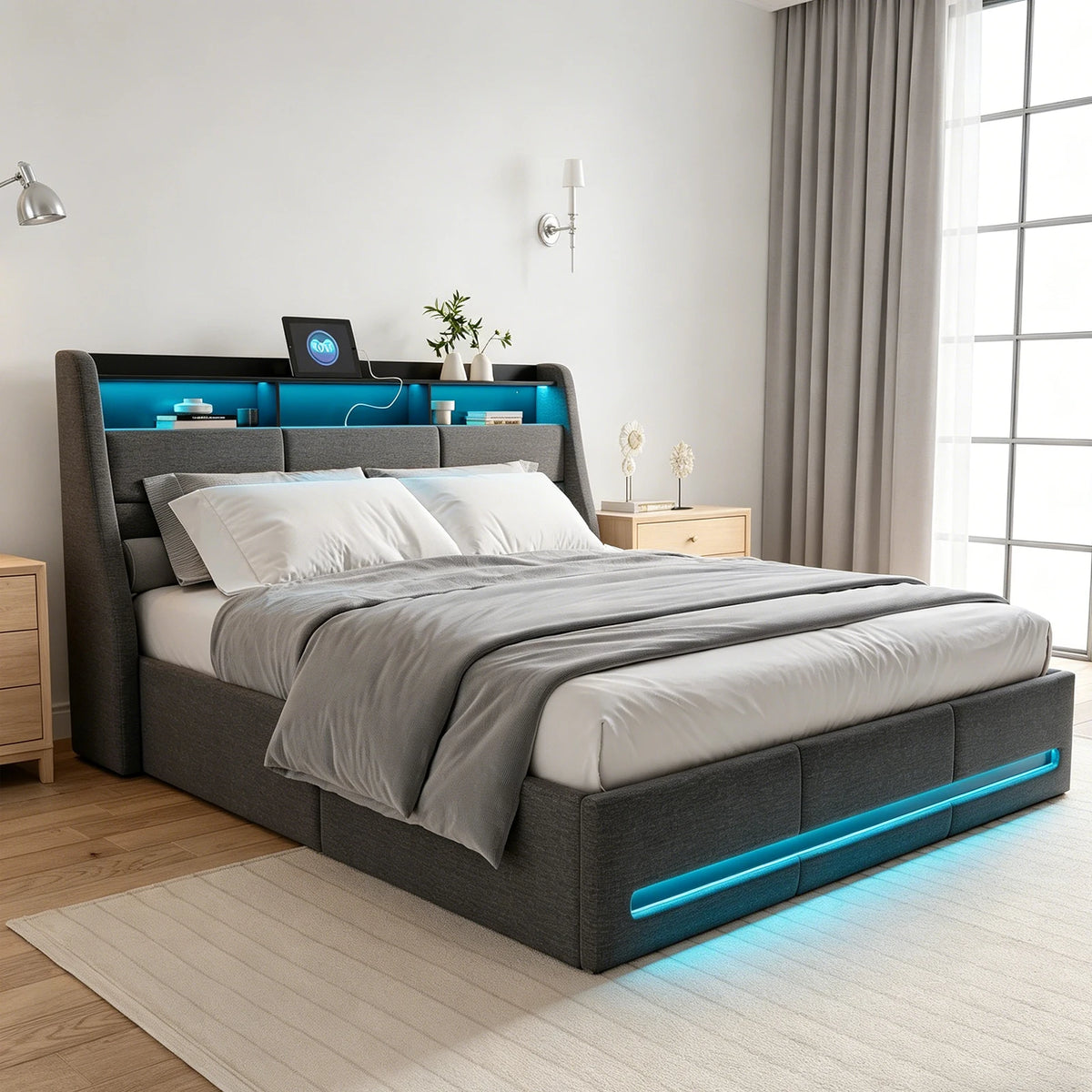 Trunk bed 140x190 with box bed LED, hydraulic bed bed 2 people with Storage and head of beds for adult and teen