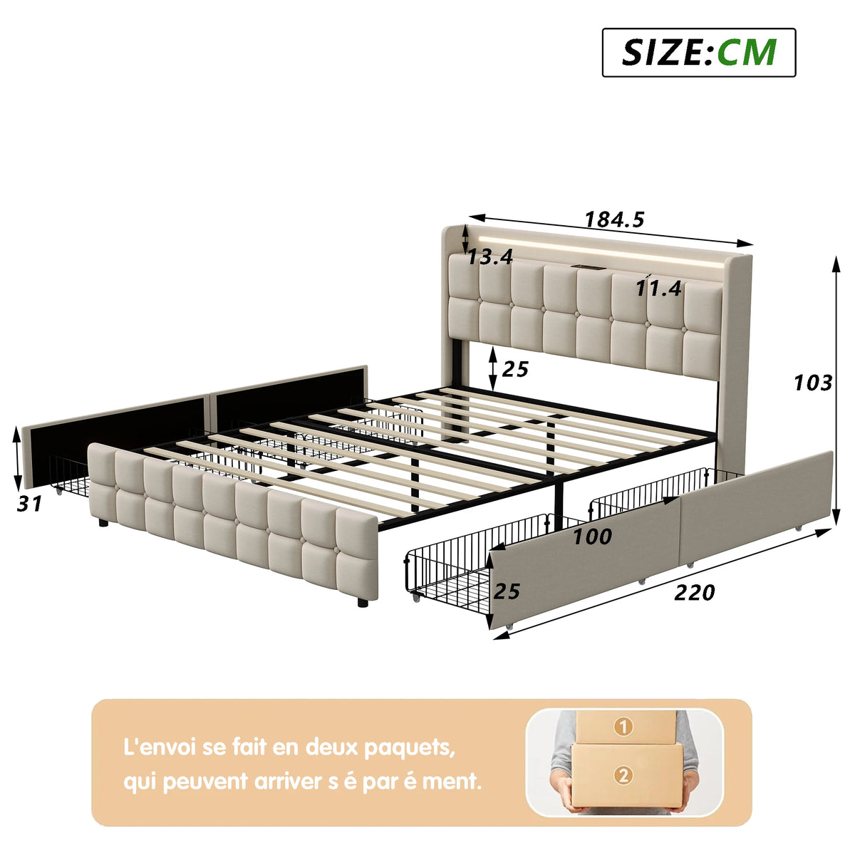 Bed 180x with box, Double padded bed with 4 drawers, bed 2 people with headboard Storage bed, LED USB, lint