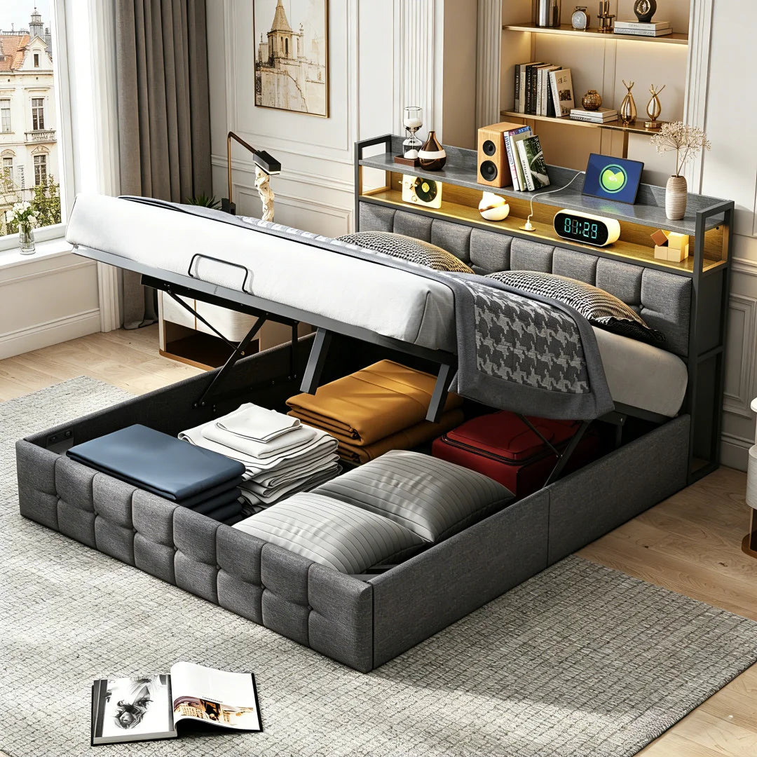 Double bed (140/160 x 200/140 x 190 cm), adult bed with USB port and LED lighting, upholstered headboard with storage, slatted base, Gray, PU