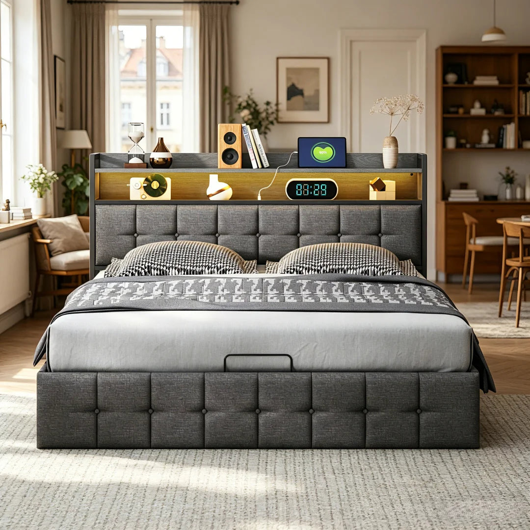 Double bed (140/160 x 200/140 x 190 cm), adult bed with USB port and LED lighting, upholstered headboard with storage, slatted base, Gray, PU