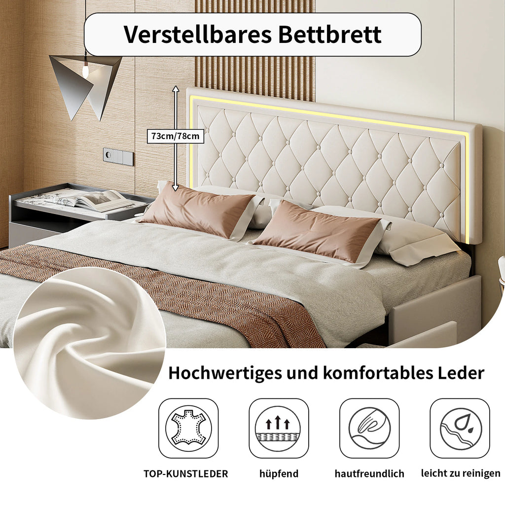 Rosahqnda Modern Faux Leather bed with Drawers, Stylish Faux Leather Double Bed Rher with Storage, Without Mattress