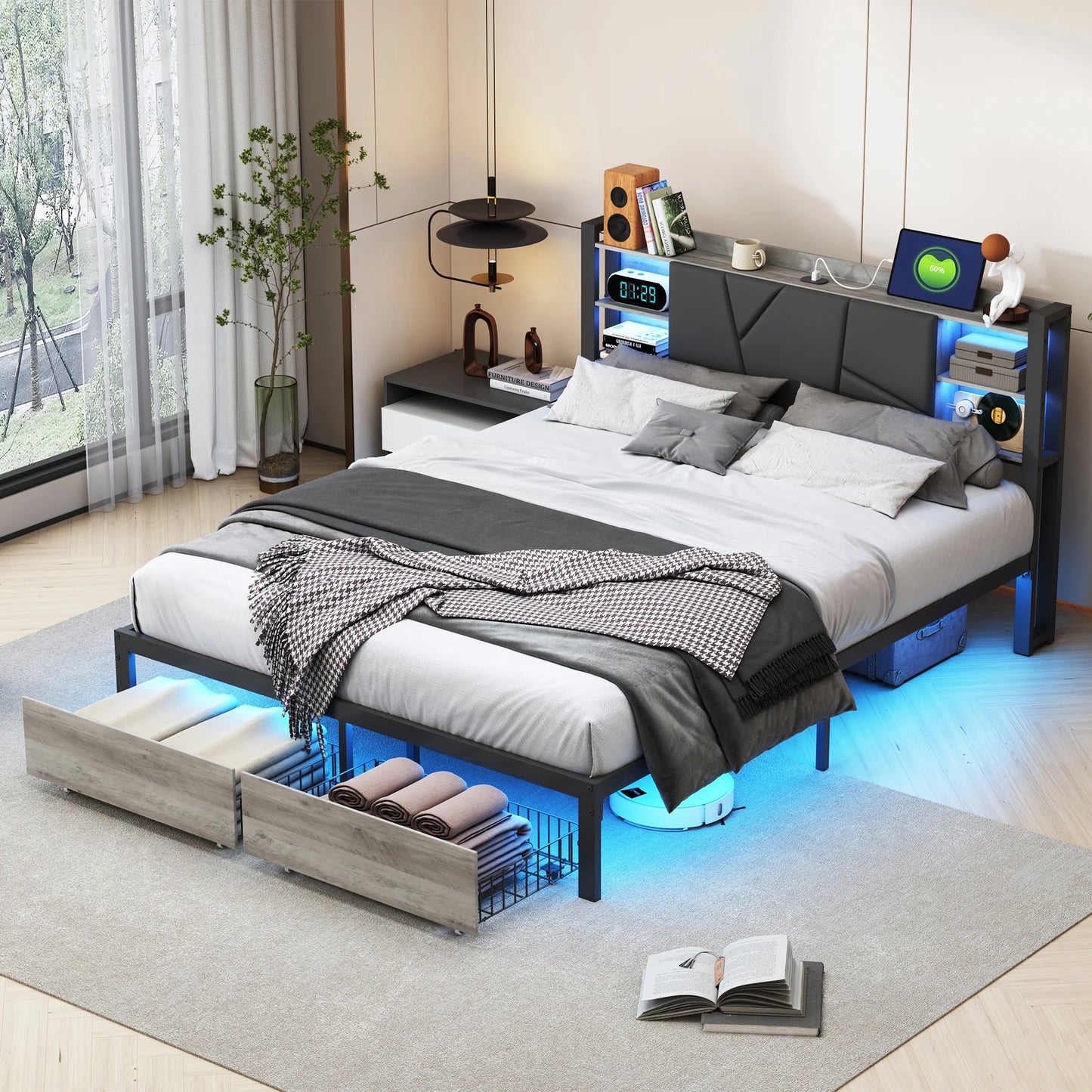 Polsterbett mit LED, App & Fernbedienung, USB Steckdose am Kopfteil, 2 Schubladen, PU Polster, Metall Holz Bett, StauraumBett