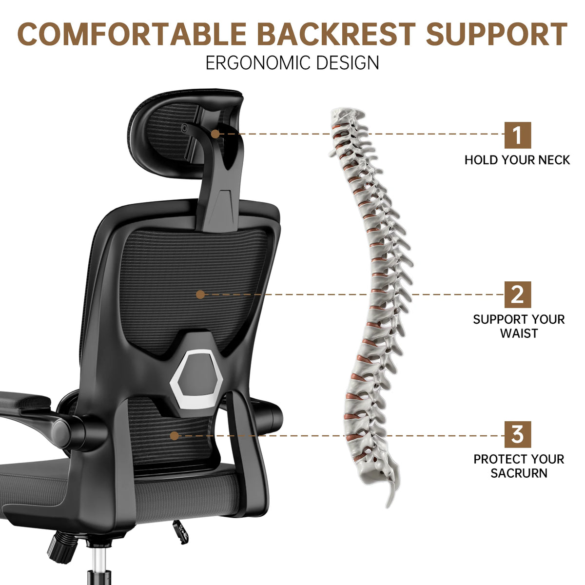 Ergonomic Office Chair Desk Chair with Folding Armrest Height-Adjustable Breathable Backrest Swivel Gaming Chair