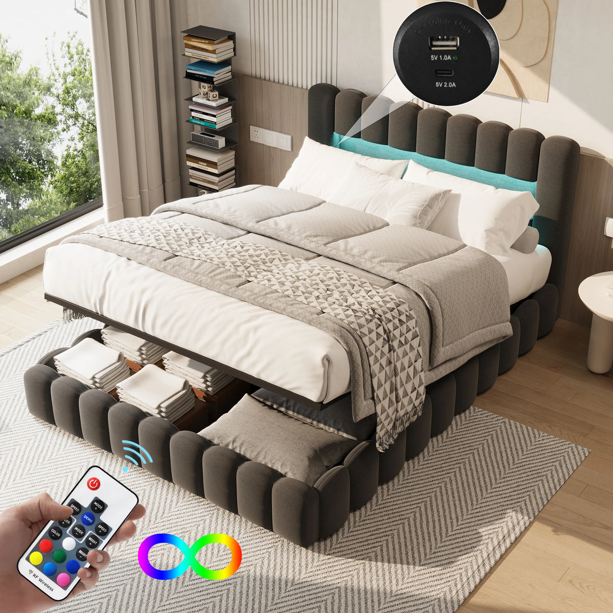 Upholstered bed, Embedded mattress, double bed with soft back, headboard with LED and USB port, without mattress