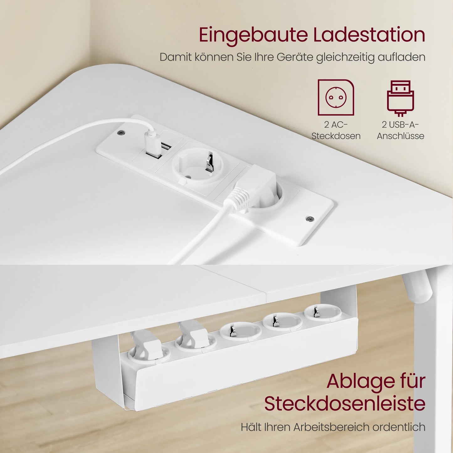 VASAGLE Height adjustable electric desk, L-shaped corner desk, 140x160 cm, with charging station