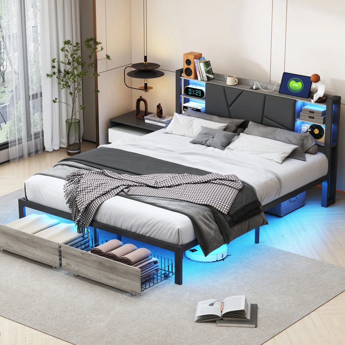 Polsterbett mit LED, App & Fernbedienung, USB Steckdose am Kopfteil, 2 Schubladen, PU Polster, Metall Holz Bett, StauraumBett