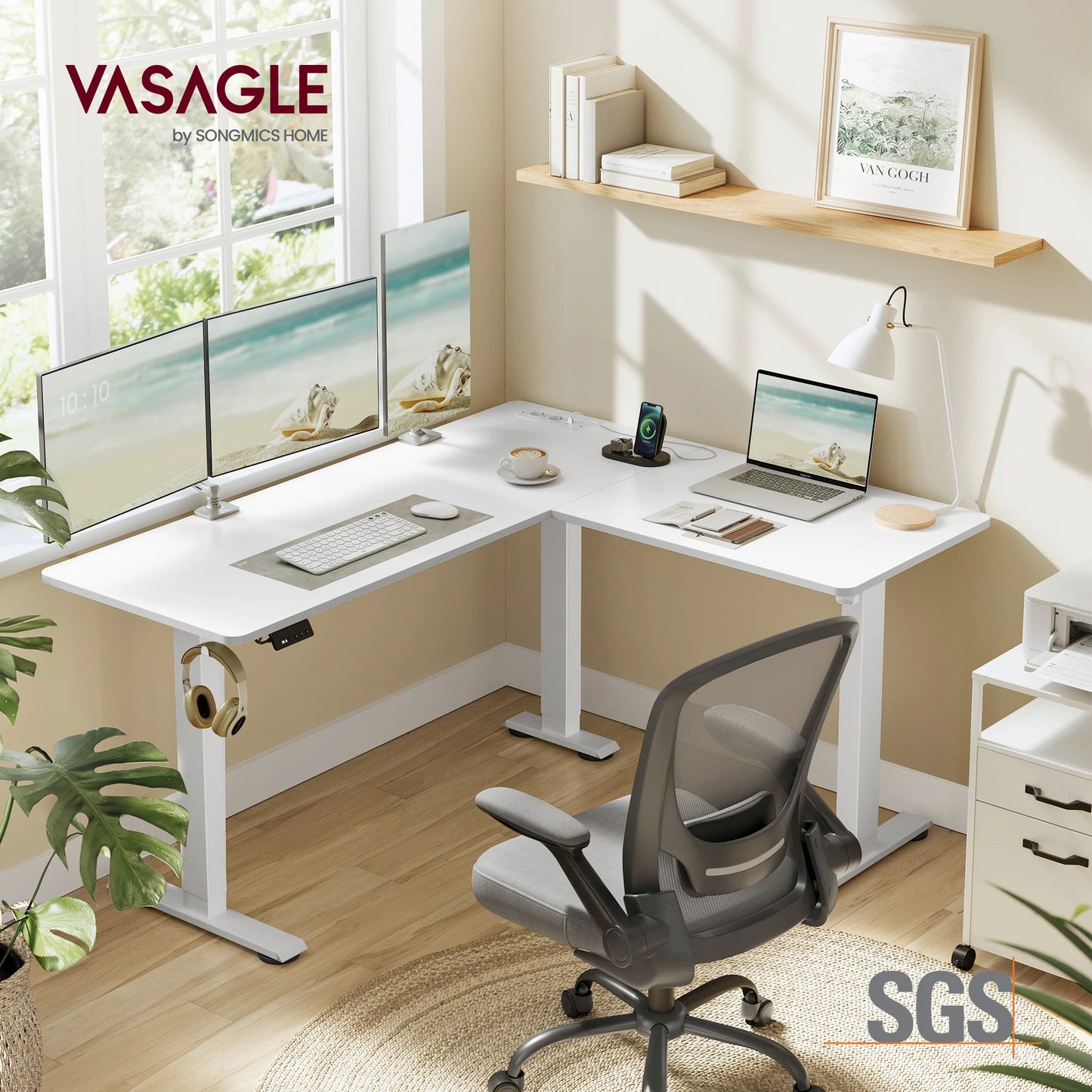 VASAGLE Height adjustable electric desk, L-shaped corner desk, 140x160 cm, with charging station