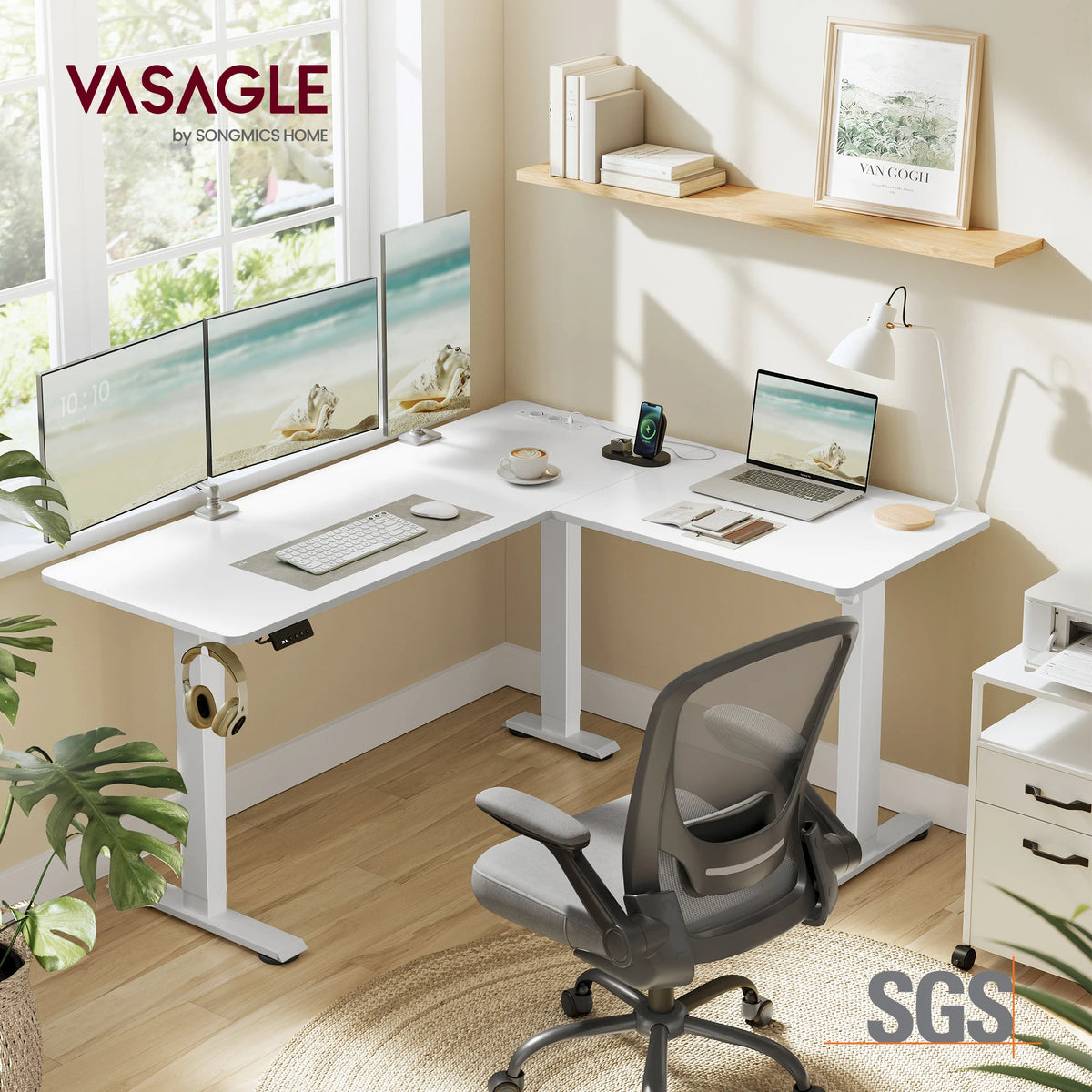 VASAGLE Height adjustable electric desk, L-shaped corner desk, 140x160 cm, with charging station