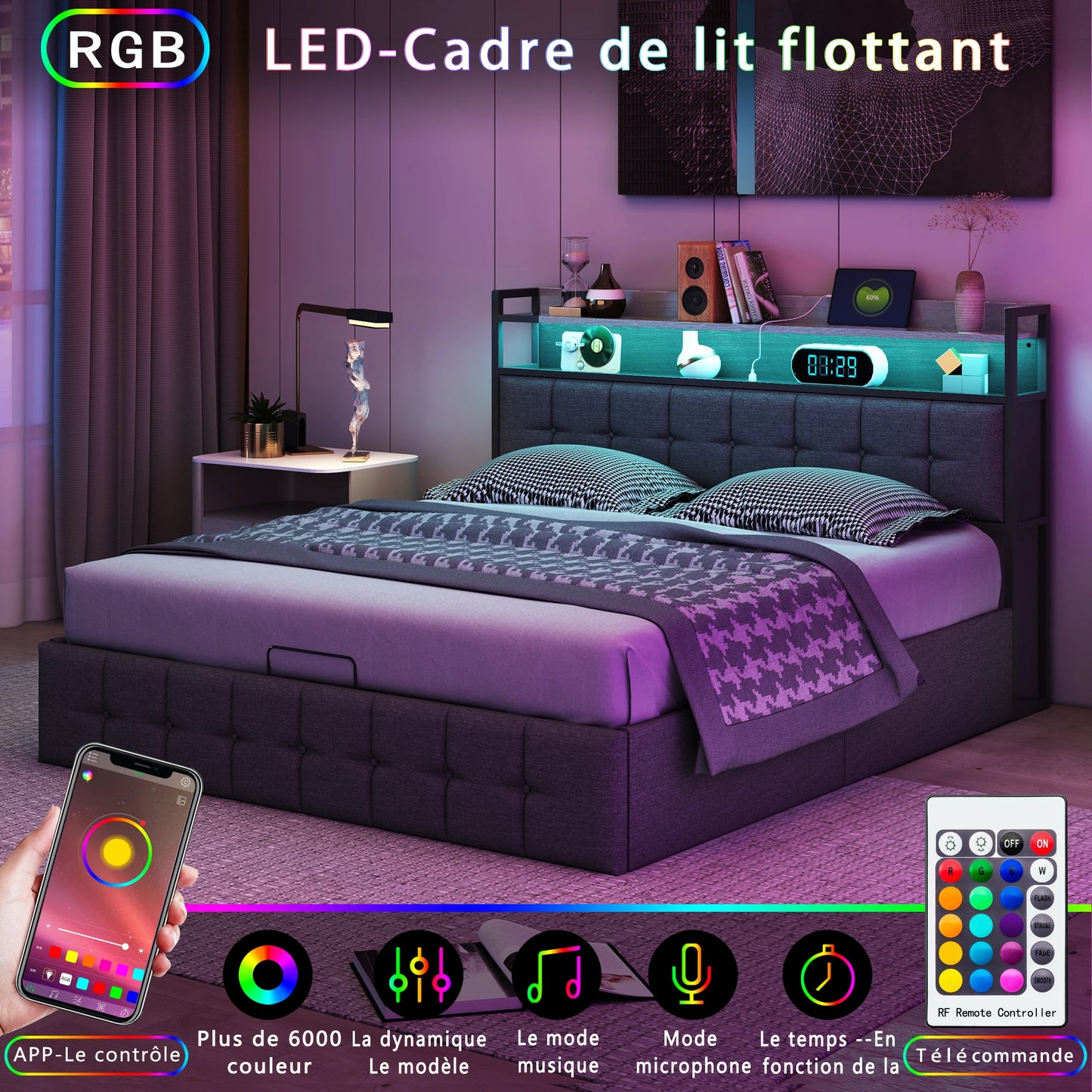 Double bed (140/160 x 200/140 x 190 cm), adult bed with USB port and LED lighting, upholstered headboard with storage, slatted base, Gray, PU
