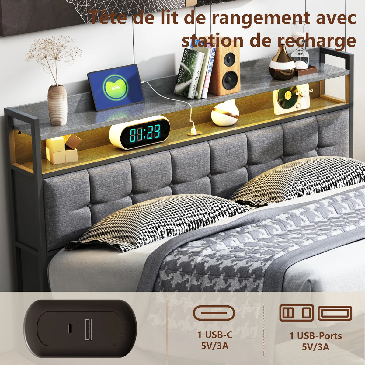 Double bed (140/160 x 200/140 x 190 cm), adult bed with USB port and LED lighting, upholstered headboard with storage, slatted base, Gray, PU