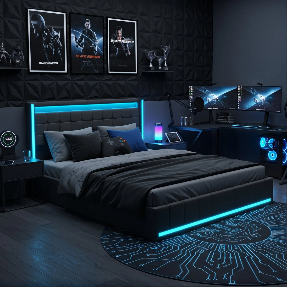 Bed 140x200cm with 4 drawers. Gray linseed fabric frame. LED RGB (APP/Remote Control) on head and foot of the bed. U charging Station