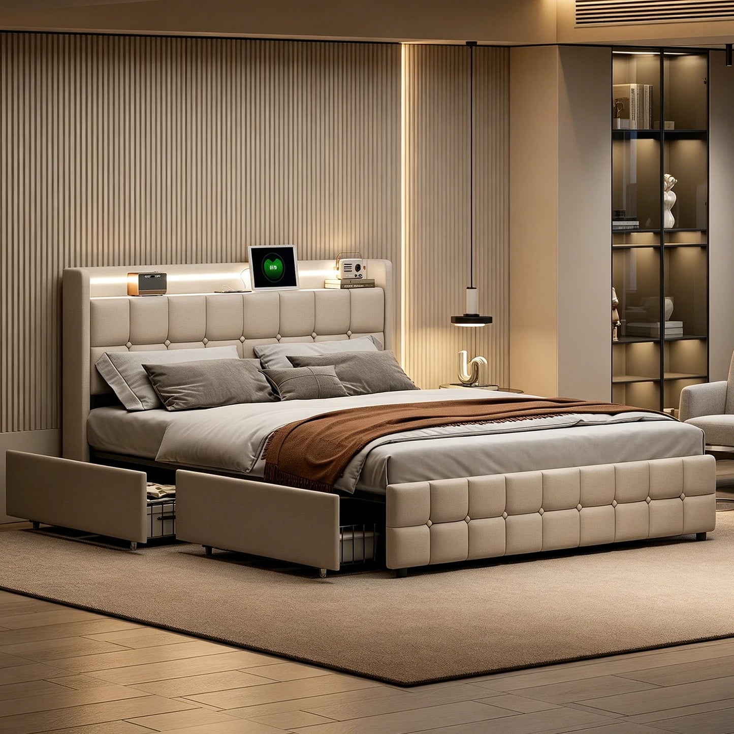 Bed 180x with box, Double padded bed with 4 drawers, bed 2 people with headboard Storage bed, LED USB, lint