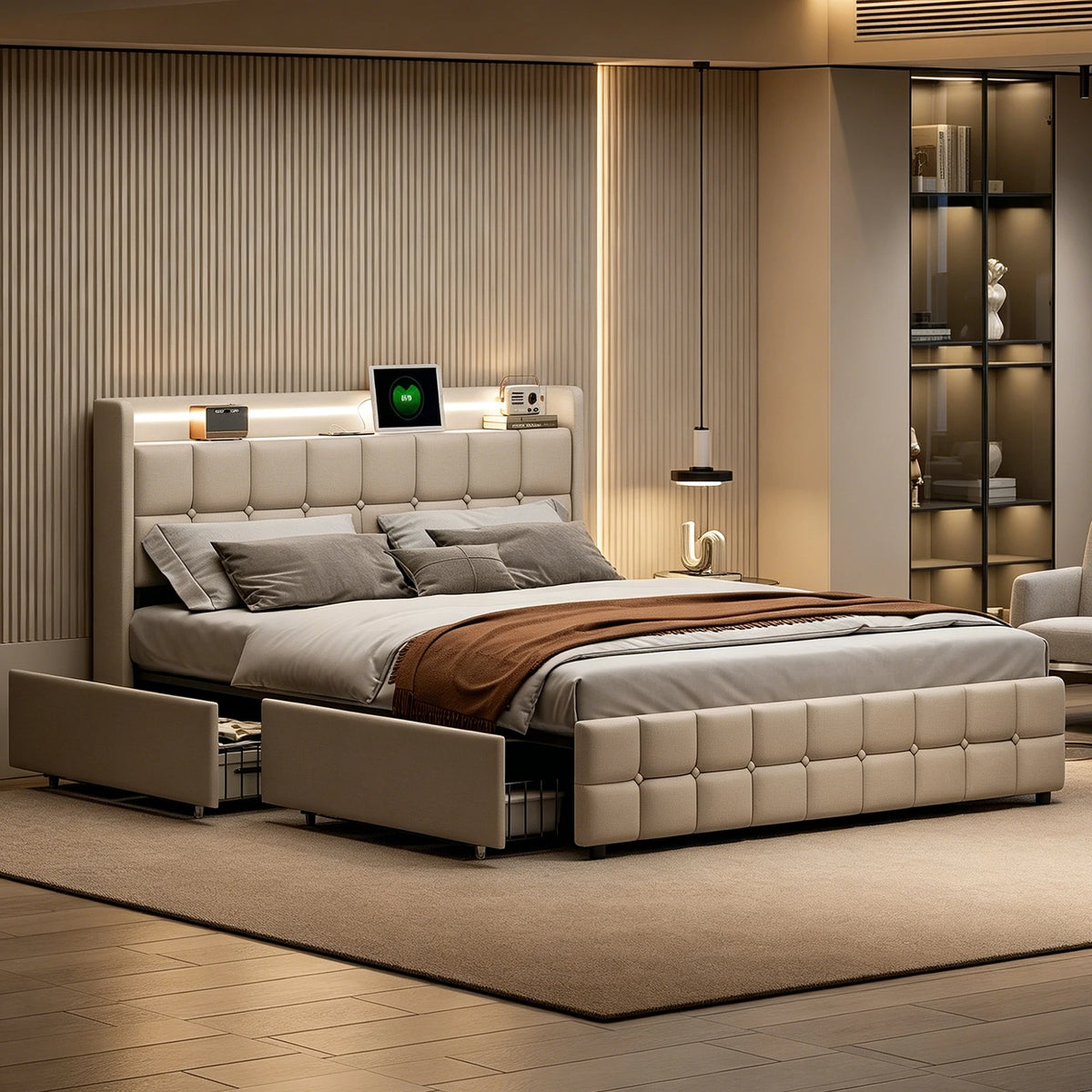Bed 180x with box, Double padded bed with 4 drawers, bed 2 people with headboard Storage bed, LED USB, lint