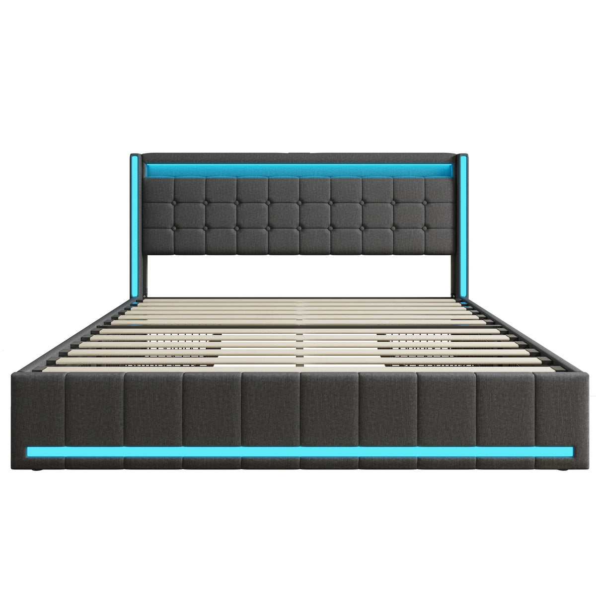 Bed 140x200cm with 4 drawers. Gray linseed fabric frame. LED RGB (APP/Remote Control) on head and foot of the bed. U charging Station