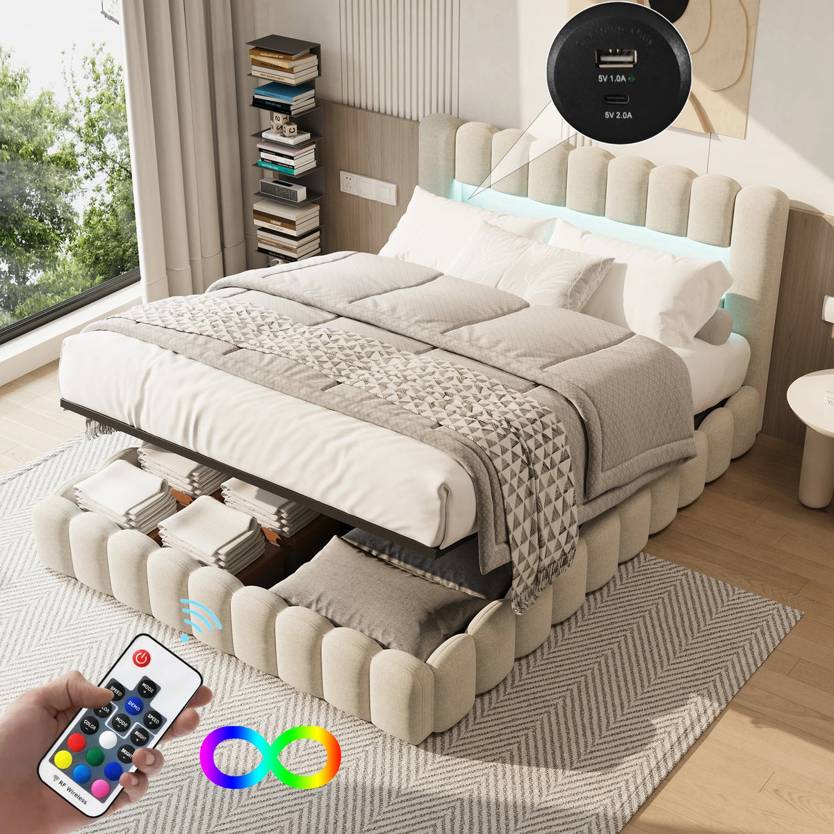 Upholstered bed, Embedded mattress, double bed with soft back, headboard with LED and USB port, without mattress