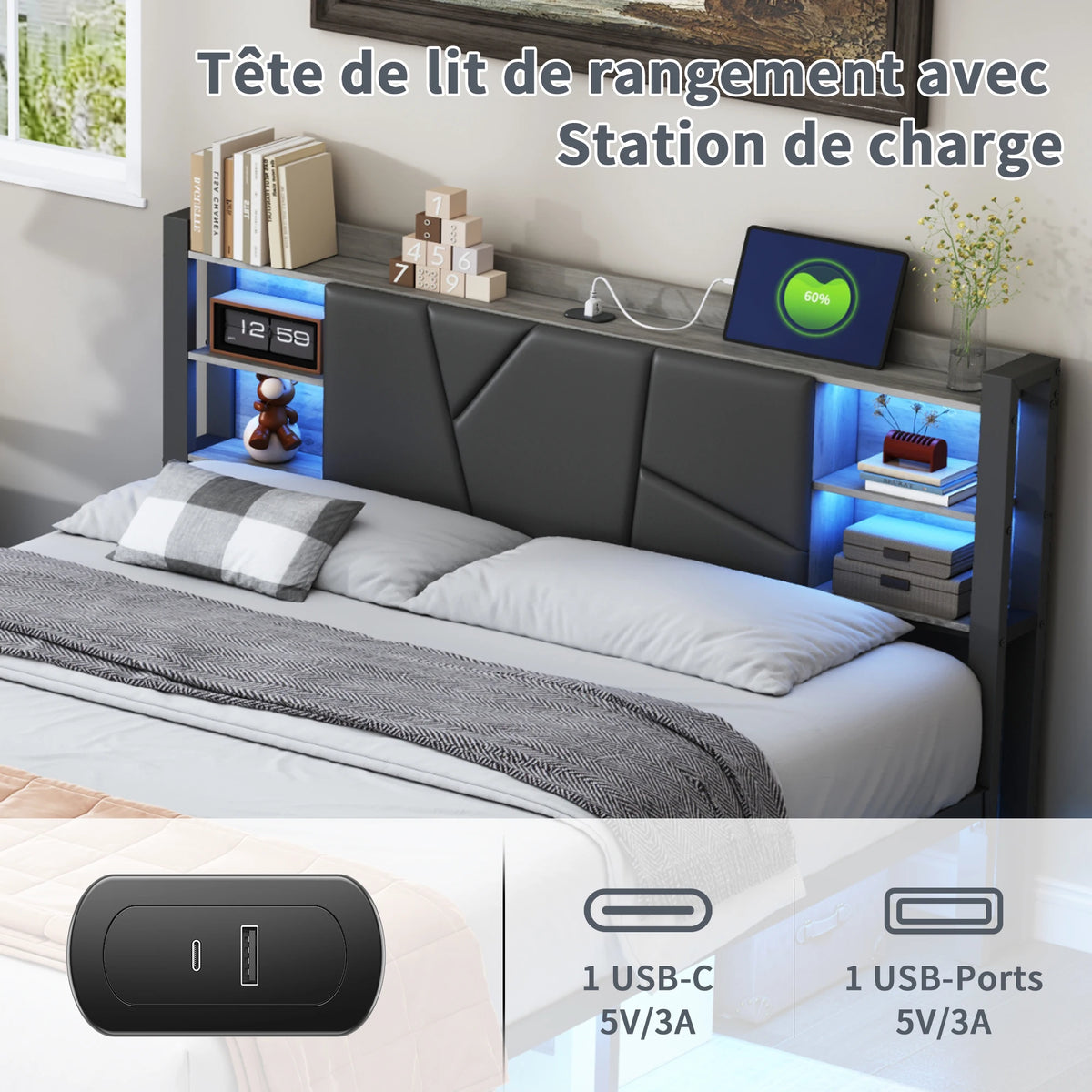Polsterbett mit LED, App & Fernbedienung, USB Steckdose am Kopfteil, 2 Schubladen, PU Polster, Metall Holz Bett, StauraumBett