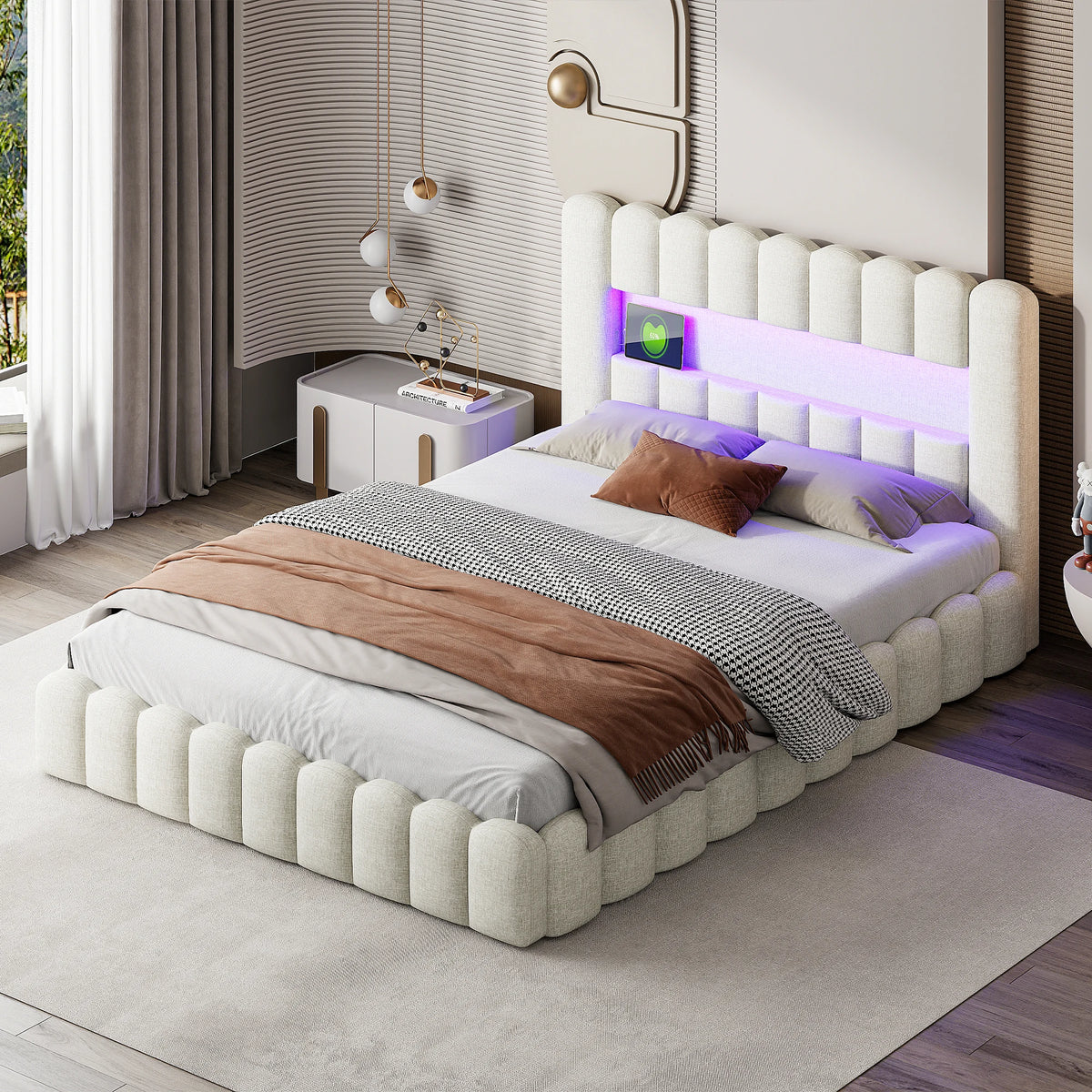 Upholstered bed, Embedded mattress, double bed with soft back, headboard with LED and USB port, without mattress