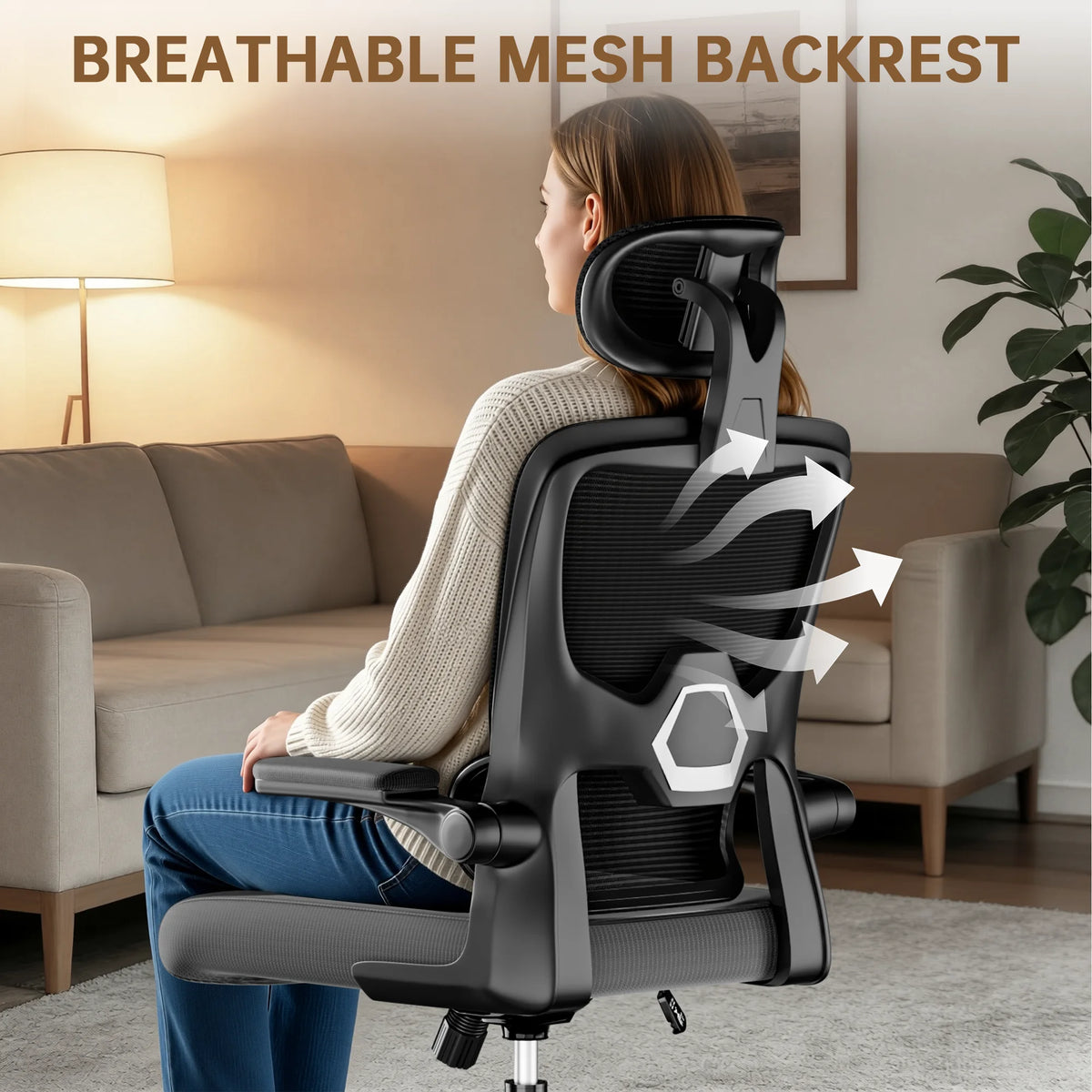 Ergonomic Office Chair Desk Chair with Folding Armrest Height-Adjustable Breathable Backrest Swivel Gaming Chair
