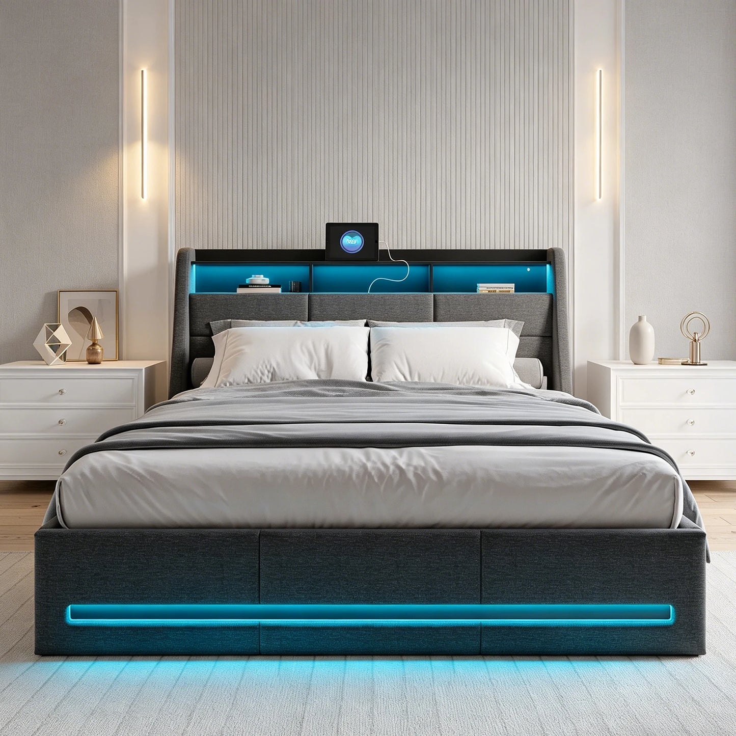 Trunk bed 140x190 with box bed LED, hydraulic bed bed 2 people with Storage and head of beds for adult and teen