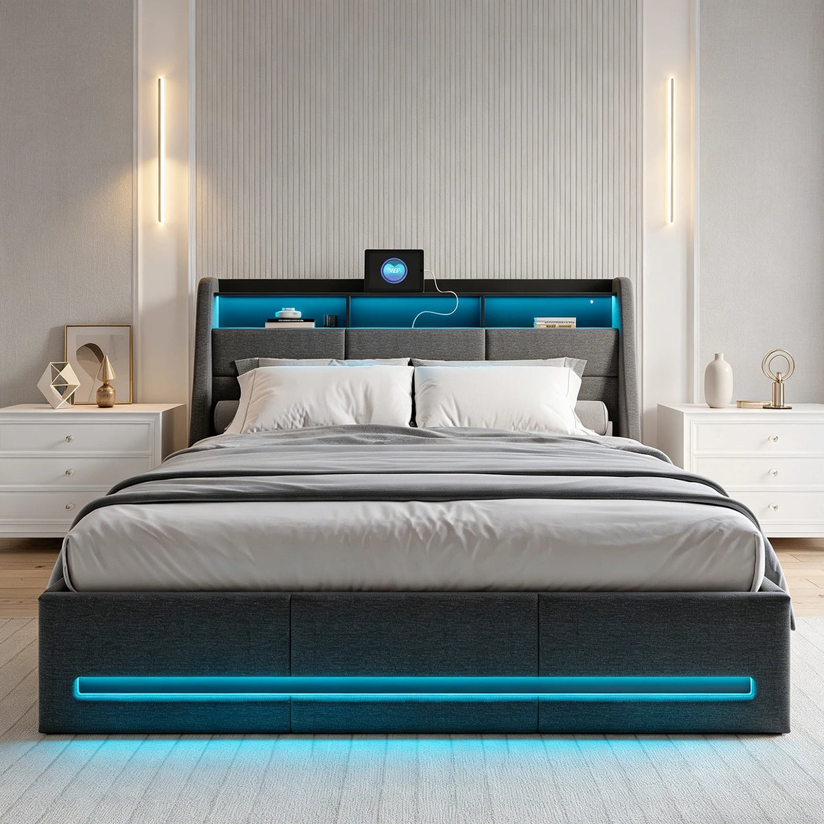 Trunk bed 140x190 with box bed LED, hydraulic bed bed 2 people with Storage and head of beds for adult and teen
