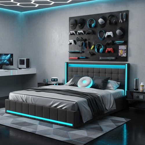 Bed 140x200cm with 4 drawers. Gray linseed fabric frame. LED RGB (APP/Remote Control) on head and foot of the bed. U charging Station