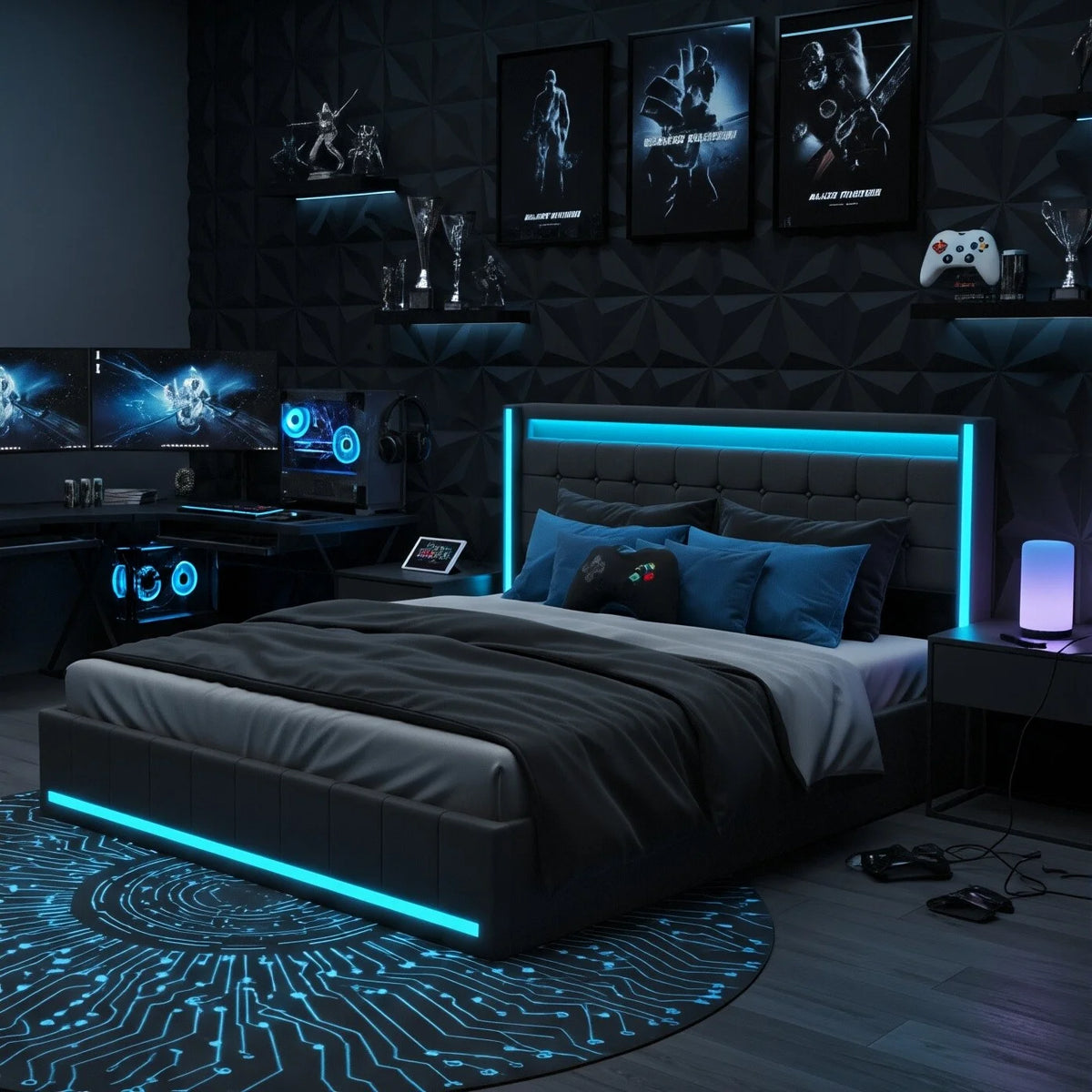 Bed 140x200cm with 4 drawers. Gray linseed fabric frame. LED RGB (APP/Remote Control) on head and foot of the bed. U charging Station