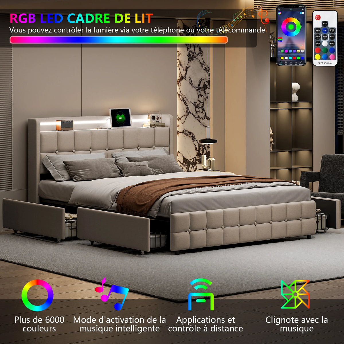 Bed 180x with box, Double padded bed with 4 drawers, bed 2 people with headboard Storage bed, LED USB, lint