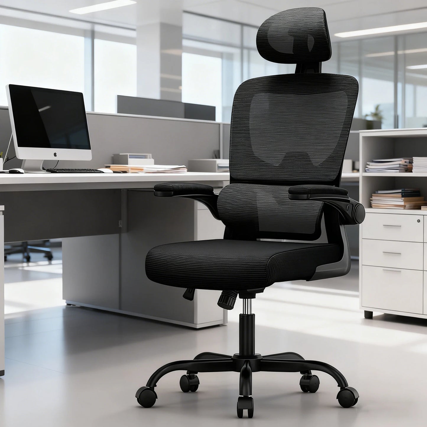 Ergonomic Office Chair Desk Chair with Folding Armrest Height-Adjustable Breathable Backrest Swivel Gaming Chair