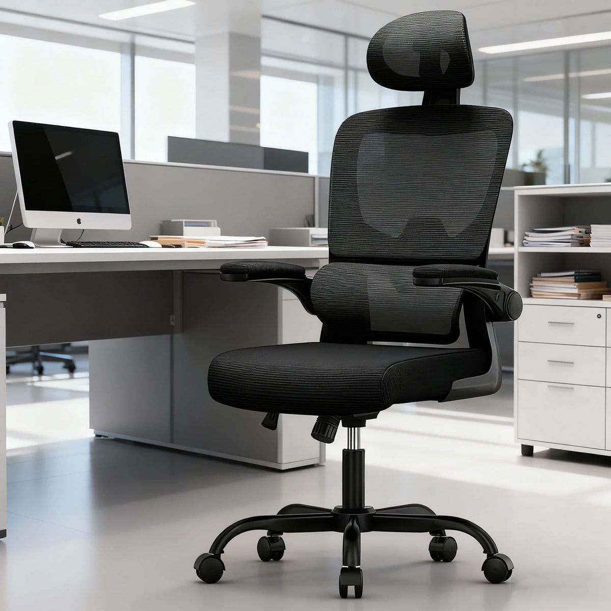 Ergonomic Office Chair Desk Chair with Folding Armrest Height-Adjustable Breathable Backrest Swivel Gaming Chair