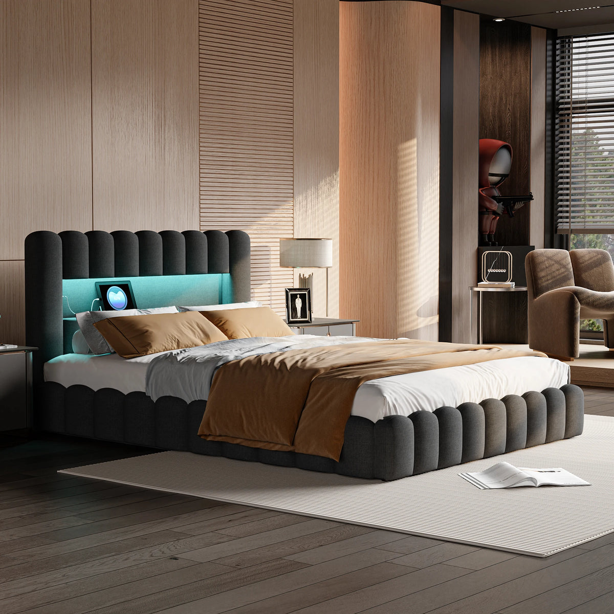 Upholstered bed, Embedded mattress, double bed with soft back, headboard with LED and USB port, without mattress