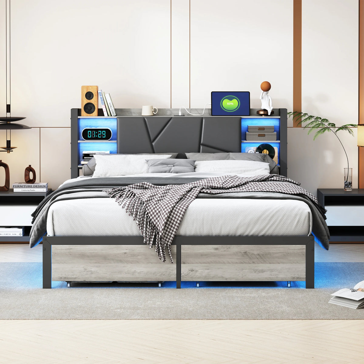 Polsterbett mit LED, App & Fernbedienung, USB Steckdose am Kopfteil, 2 Schubladen, PU Polster, Metall Holz Bett, StauraumBett