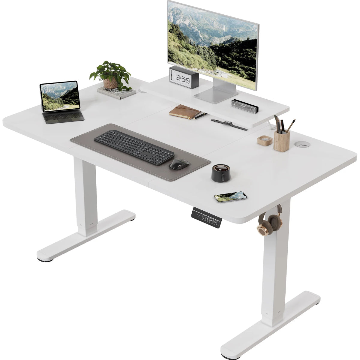 Devoko Height Adjustable desk Electric 120 × 60cm with Monitor Stand Ergonomic Seat Standing Desk (White)