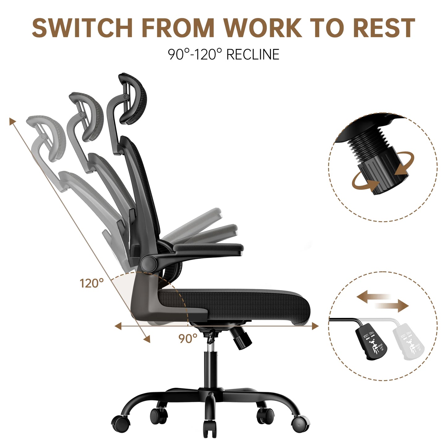 Ergonomic Office Chair Desk Chair with Folding Armrest Height-Adjustable Breathable Backrest Swivel Gaming Chair