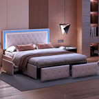 Rosahqnda Modern Faux Leather bed with Drawers, Stylish Faux Leather Double Bed Rher with Storage, Without Mattress