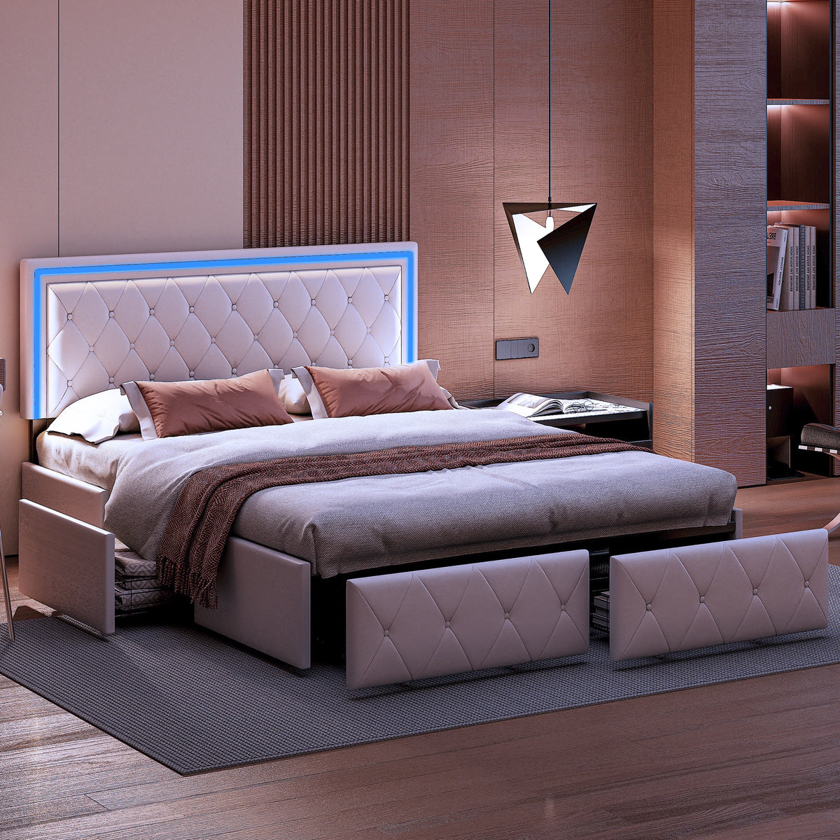 Rosahqnda Modern Faux Leather bed with Drawers, Stylish Faux Leather Double Bed Rher with Storage, Without Mattress