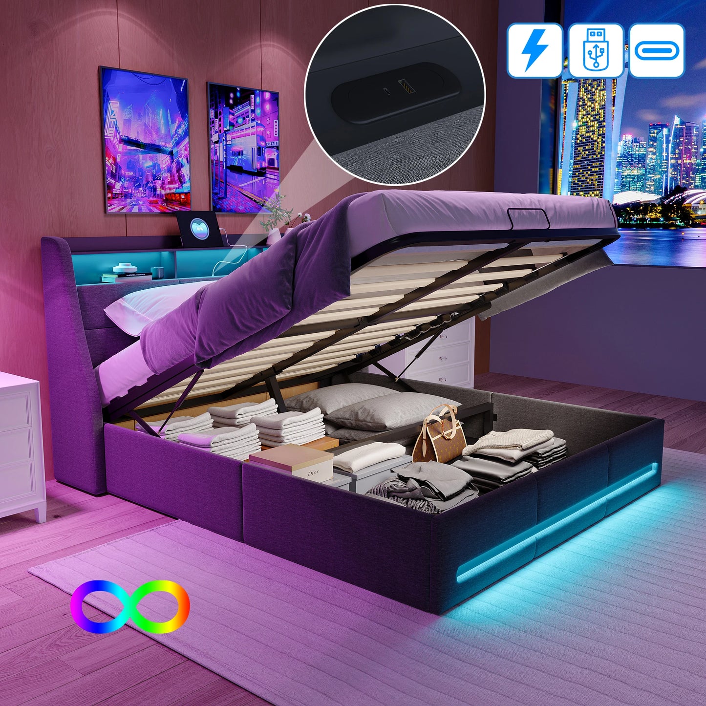 Trunk bed 140x190 with box bed LED, hydraulic bed bed 2 people with Storage and head of beds for adult and teen