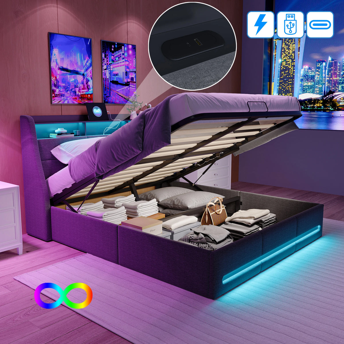 Trunk bed 140x190 with box bed LED, hydraulic bed bed 2 people with Storage and head of beds for adult and teen