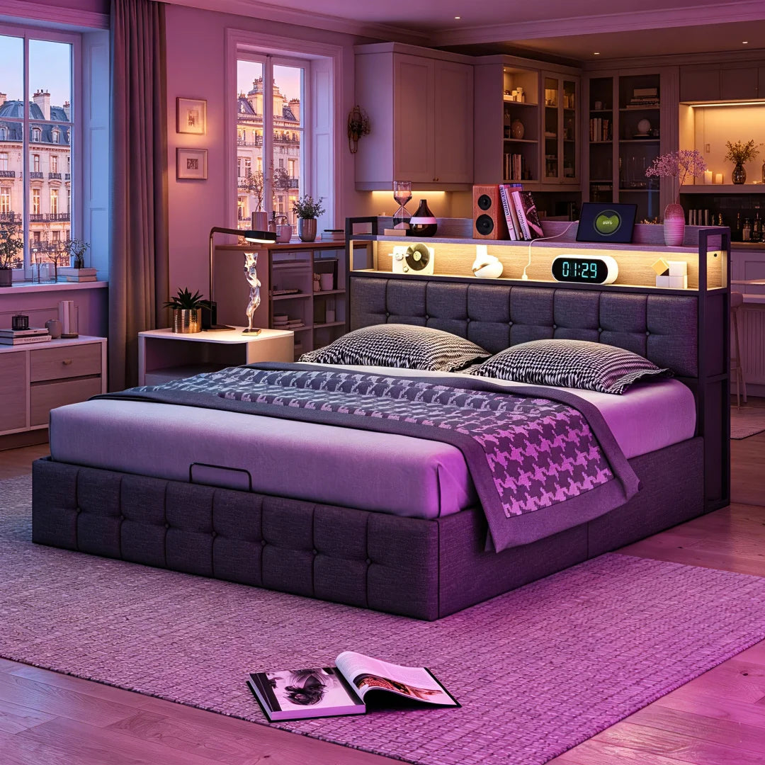 Double bed (140/160 x 200/140 x 190 cm), adult bed with USB port and LED lighting, upholstered headboard with storage, slatted base, Gray, PU