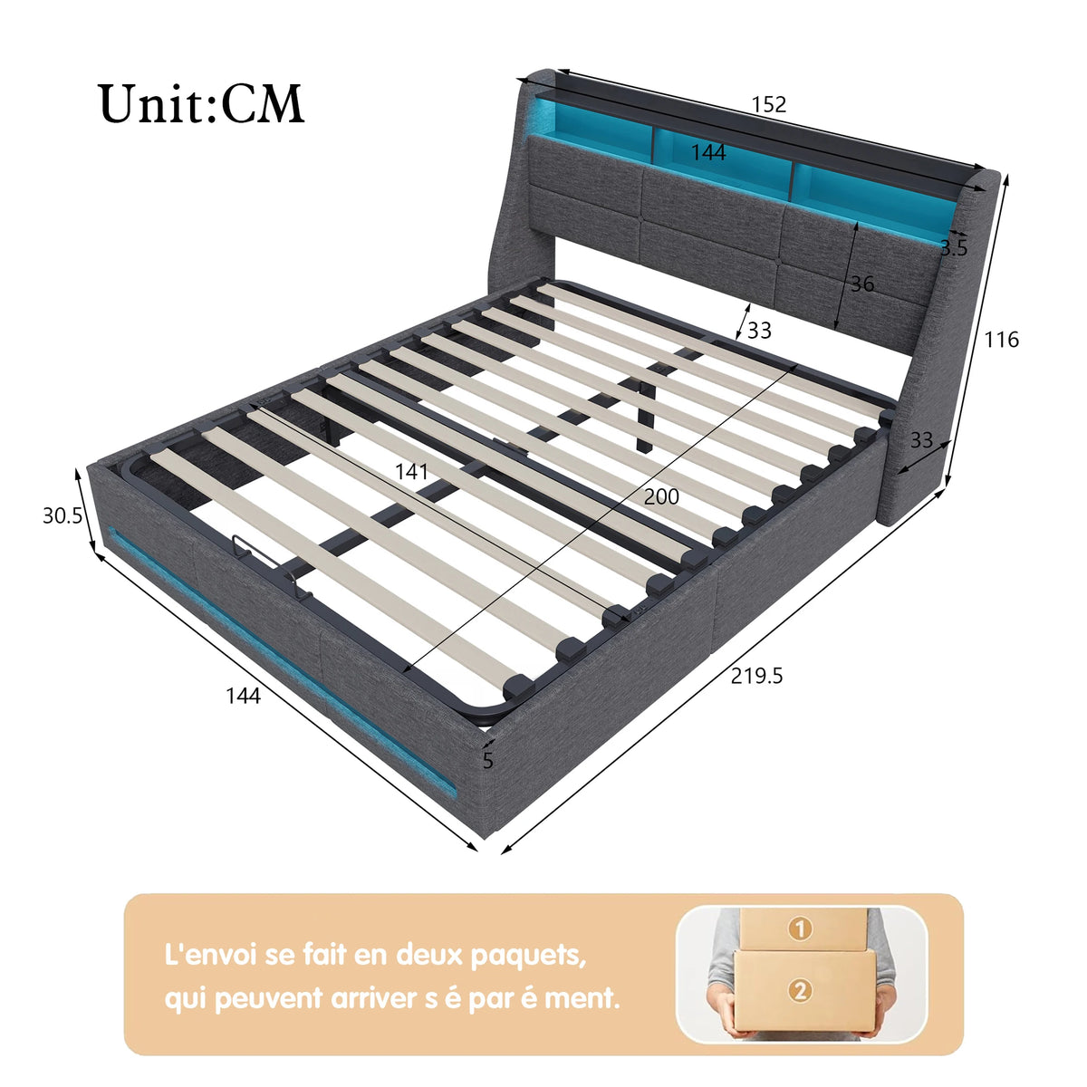 Trunk bed 140x190 with box bed LED, hydraulic bed bed 2 people with Storage and head of beds for adult and teen