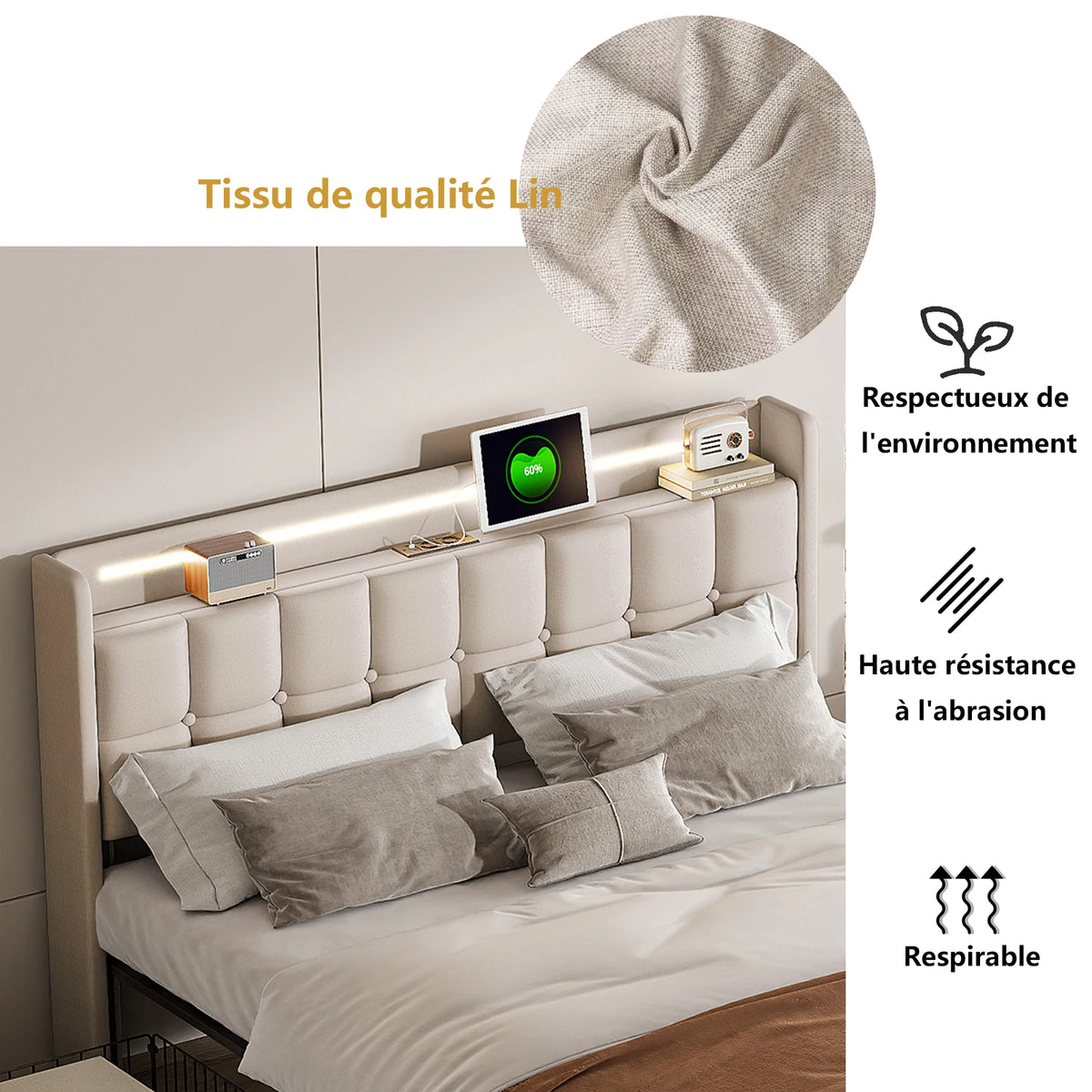 Bed 180x with box, Double padded bed with 4 drawers, bed 2 people with headboard Storage bed, LED USB, lint
