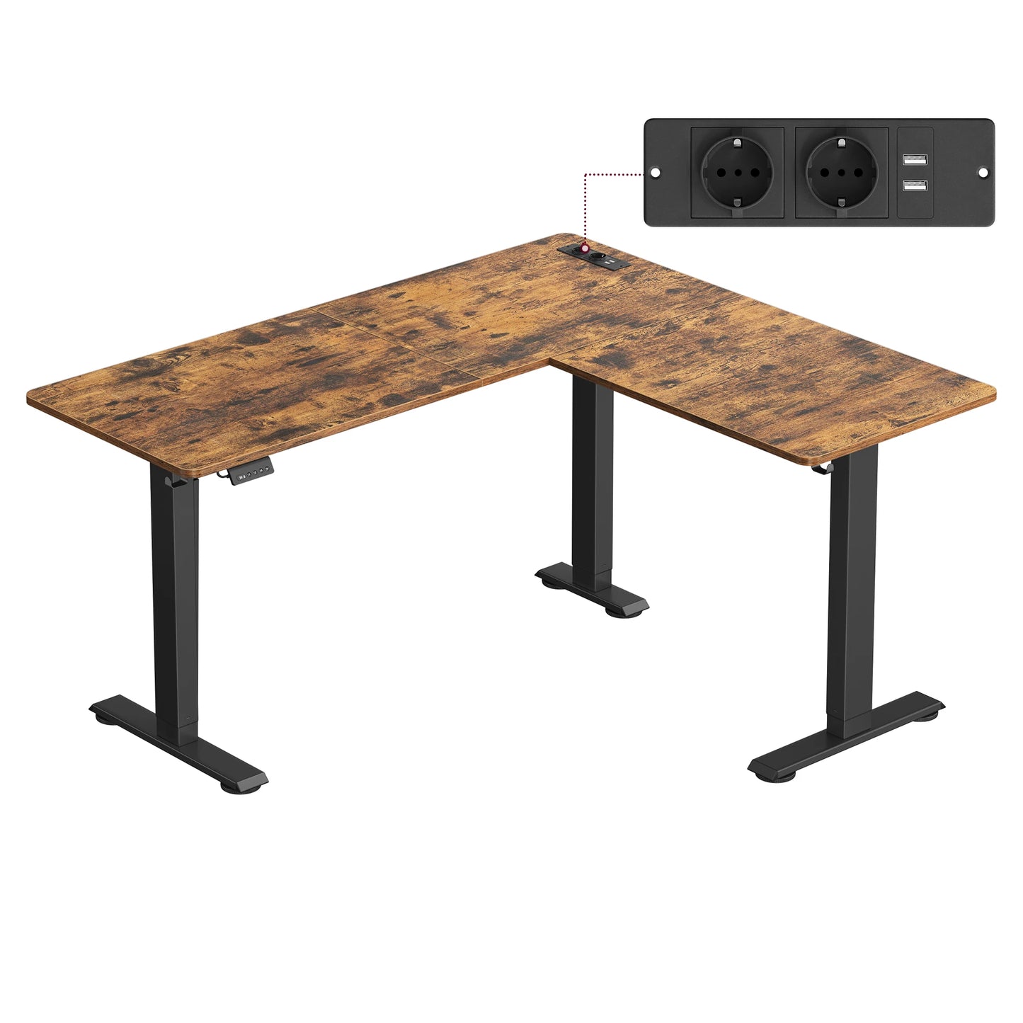 VASAGLE Height adjustable electric desk, L-shaped corner desk, 140x160 cm, with charging station