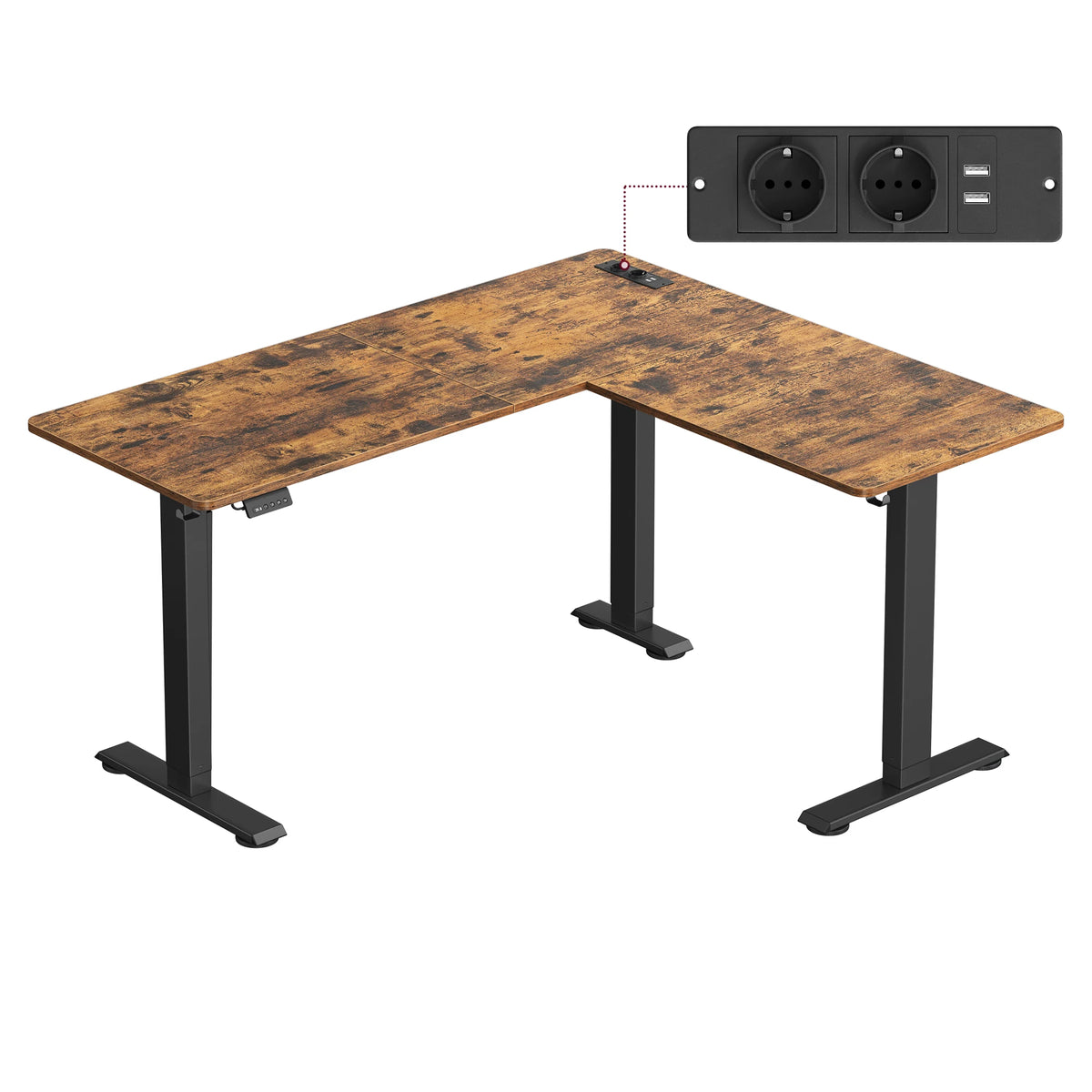 VASAGLE Height adjustable electric desk, L-shaped corner desk, 140x160 cm, with charging station