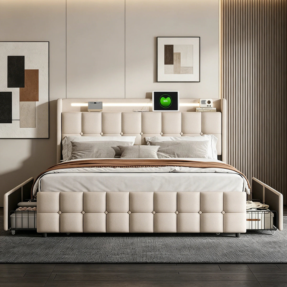 Bed 180x with box, Double padded bed with 4 drawers, bed 2 people with headboard Storage bed, LED USB, lint