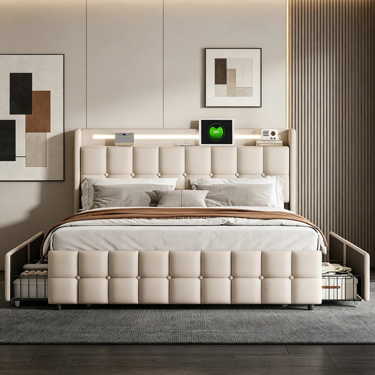 Bed 180x with box, Double padded bed with 4 drawers, bed 2 people with headboard Storage bed, LED USB, lint
