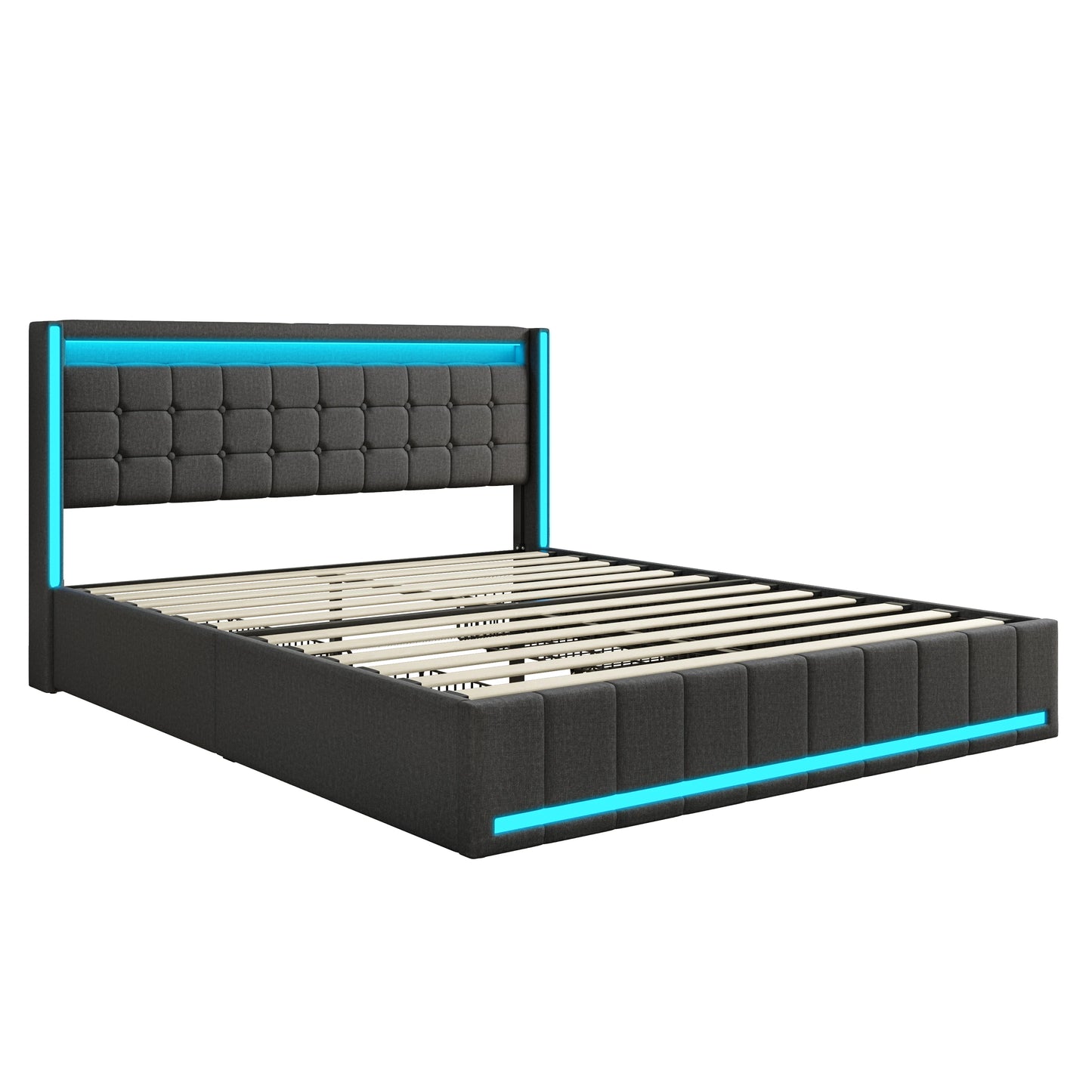 Bed 140x200cm with 4 drawers. Gray linseed fabric frame. LED RGB (APP/Remote Control) on head and foot of the bed. U charging Station